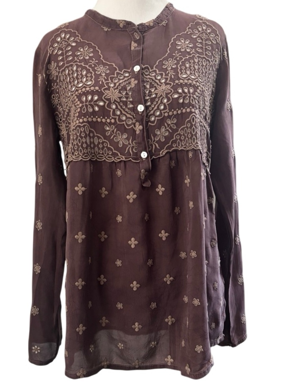 Johnny Was Embroidered Tunic Blouse Small Brown Boho Cotton Top